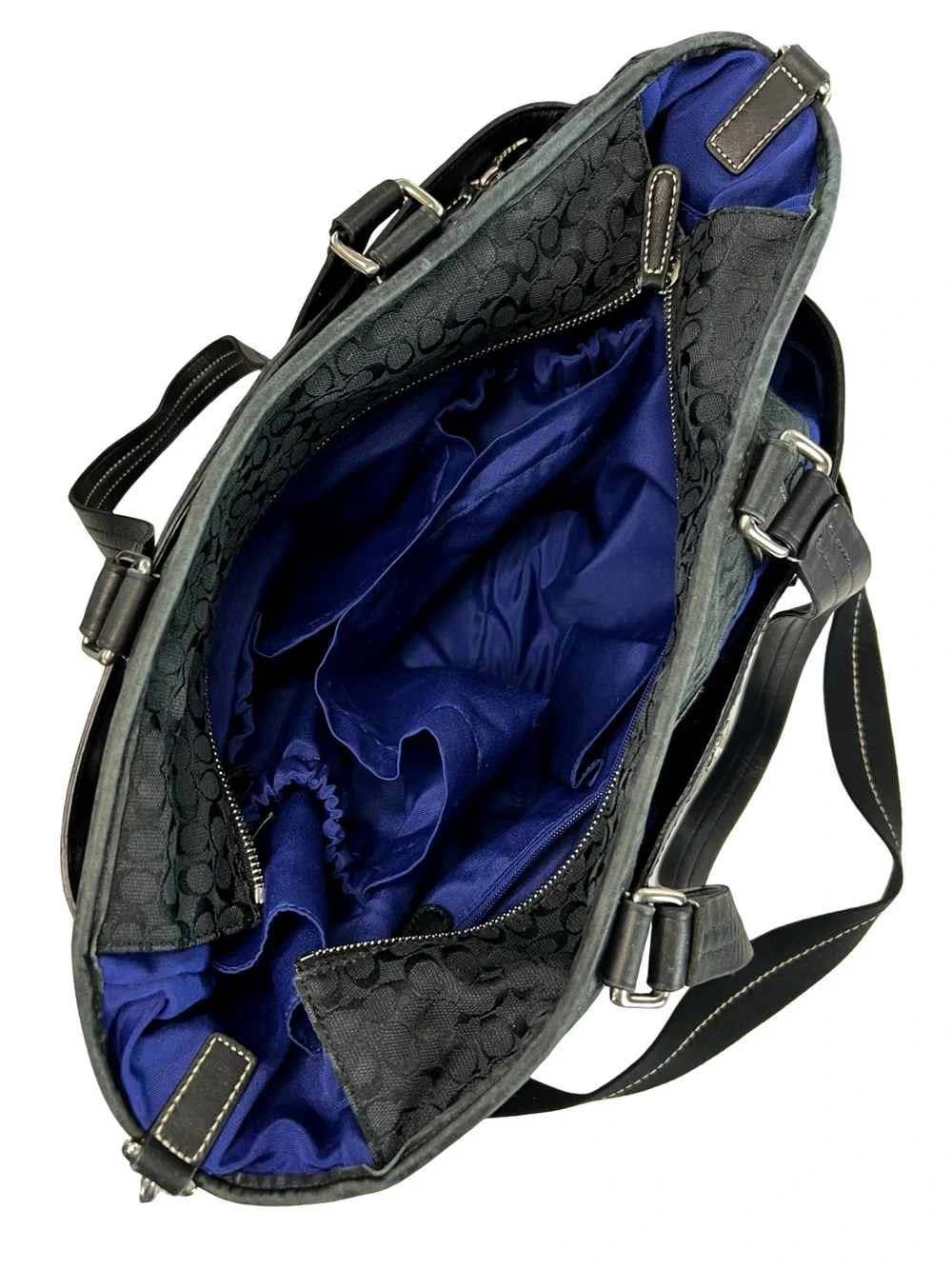 Coach Signature Stripe Multifunction Diaper Tote Bag Black Canvas Blue Interior